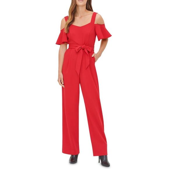 Calvin Klein Womens Cold Shoulder Flutter Sleeve Tie Belt Jumpsuit Red Size 2 - Picture 1 of 11